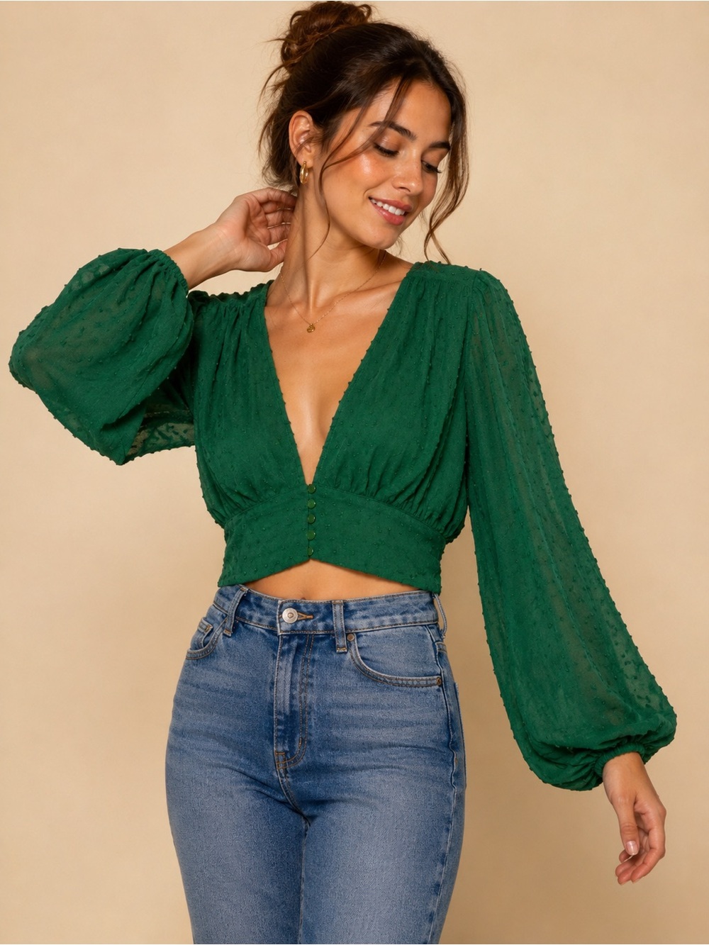HYFVE Emerald Green V-Neck Long-Sleeve Crop Blouse